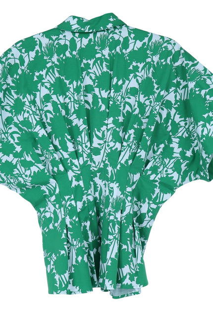 EXQUISE Green Tobie Blouse Short Sleeve Pleated Button Front Women's S