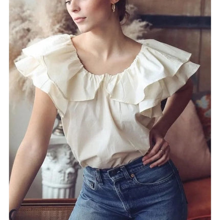 Mille Beja Ruffle Top Ivory Cotton Flutter Sleeve Blouse Women's XXS