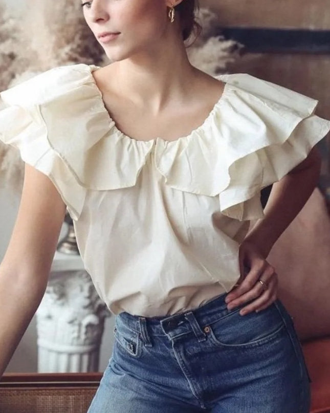 Mille Beja Ruffle Top Ivory Cotton Flutter Sleeve Blouse Women's XXS