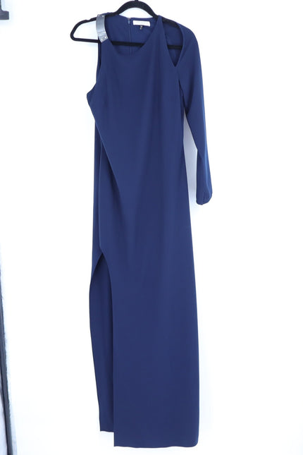 HALSTON HERITAGE Navy Blue Asymmetrical Gown Metal One Sleeve Women's 10