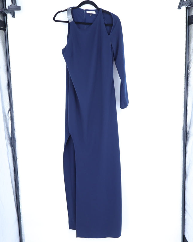 HALSTON HERITAGE Navy Blue Asymmetrical Gown Metal One Sleeve Women's 10