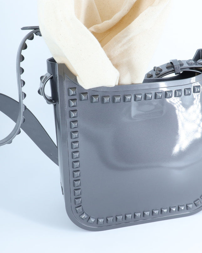 Carmen Sol Toni Mid Crossbody Bag Gunmetal NWT Metallic Studded Jelly Purse