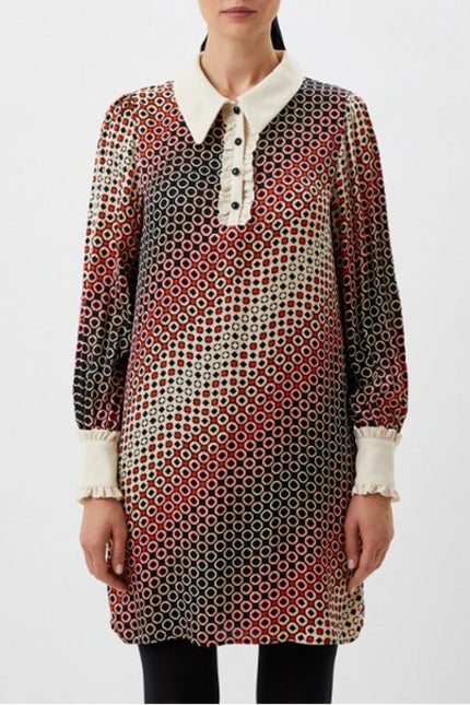 TARA JARMON Reyri Mini Dress Ecru Graphic Print Long Sleeve Women's 42/US L