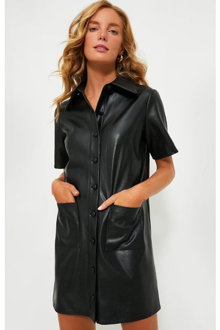 TUCKERNUCK NWT Leather Violetta Shirt Dress Black Short Sleeves Women's M