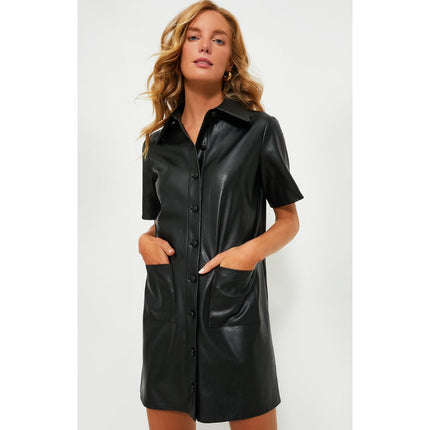TUCKERNUCK Leather Violetta Shirt Dress NWT Black Short Sleeves Women's M