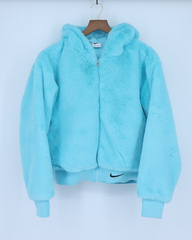 Nike Essentials Faux Fur Hooded Jacket Aqua Blue Full Zip Long Sleeve Women's XS