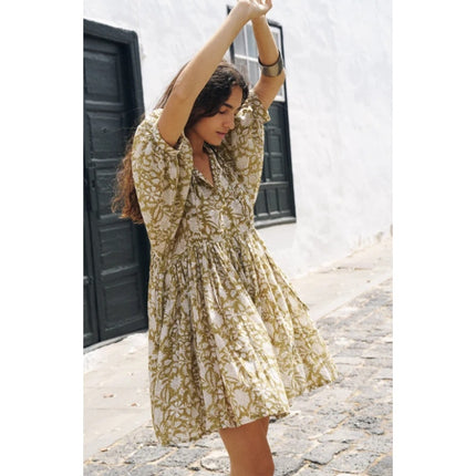 Daughters of India Kyra Mini Dress Olive Green Cotton Floral Print Women's M
