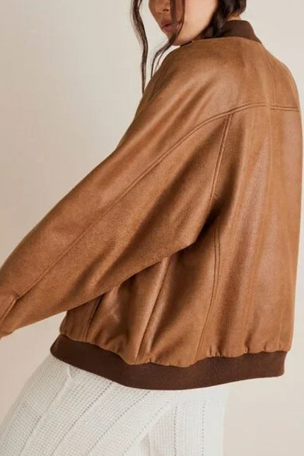 WE THE FREE Wild Rose Vegan Suede Bomber Jacket Chestnut Combo Women's S