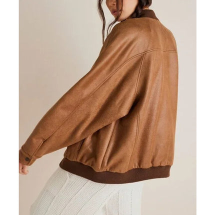 WE THE FREE Wild Rose Vegan Suede Bomber Jacket Chestnut Combo Women's S