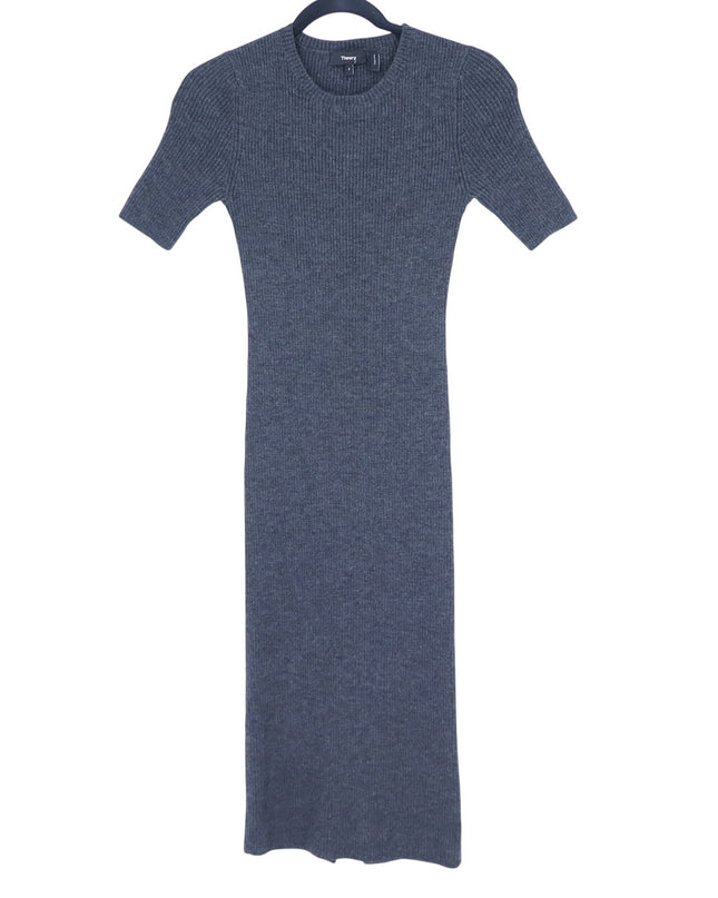 Theory Uliana Noble Sweater Dress Gray Ribbed Knit Short Sleeve Midi Women's S
