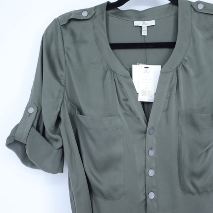 Joie Silk Romper Fatigue Green NWT Belted Half Button Tab Sleeve Women's XS