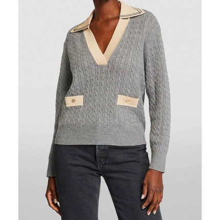 Sandro Nea Cable Knit Sweater Gray and Tan Collared Long Sleeve Women's 1/US S