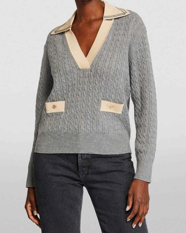 Sandro Nea Cable Knit Sweater Gray and Tan Collared Long Sleeve Women's 1/US S