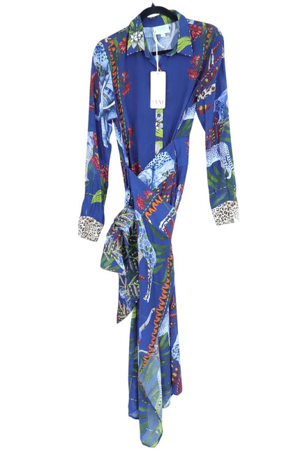 TAJ BY SABRINA Malta Blue Wrap Dress Embroidered Safari Print Women's XS