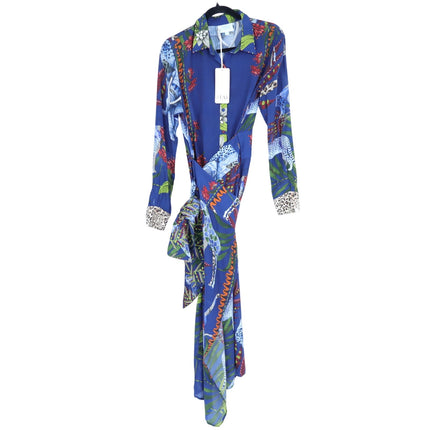 TAJ BY SABRINA Malta Blue Wrap Dress Embroidered Safari Print Women's XS