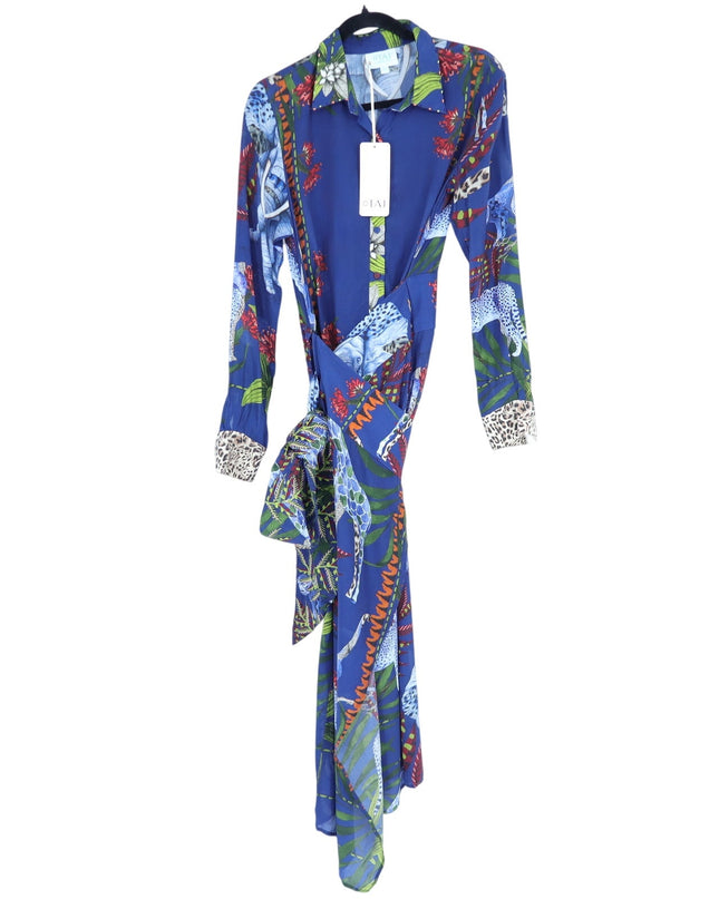 TAJ BY SABRINA Malta Blue Wrap Dress Embroidered Safari Print Women's XS