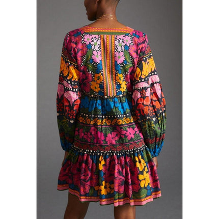 Farm Rio Puff Sleeve Tunic Mini Dress Black Multi V Neck Pullover Women's S