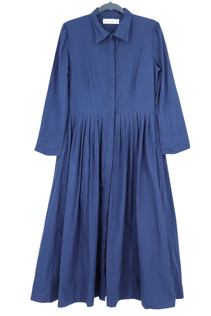 BURU Button Maxi Shirt Dress Navy Blue 3/4 Sleeve A-Line Lagenlook Women's L