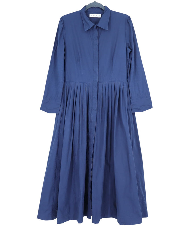 BURU Button Maxi Shirt Dress Navy Blue 3/4 Sleeve A-Line Lagenlook Women's L