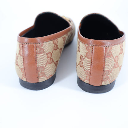Gucci Jordaan Horsebit Loafers Beige GG Canvas Slip On Women's 35.5/US 5.5