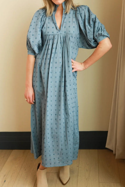 NEVER A WALLFLOWER High Neck Midi Dress Blue Cross Hatch Puff Sleeve Women's XS