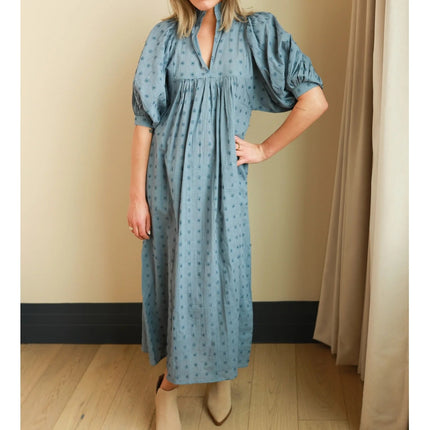 NEVER A WALLFLOWER High Neck Midi Dress Blue Cross Hatch Puff Sleeve Women's XS
