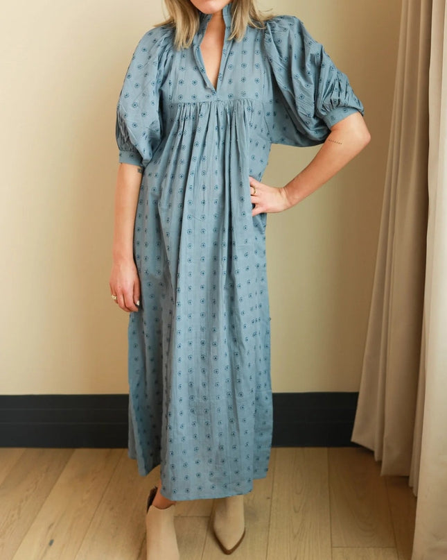 NEVER A WALLFLOWER High Neck Midi Dress Blue Cross Hatch Puff Sleeve Women's XS