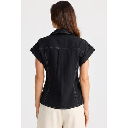 Brave + True Portia Shirt Black Contrast Stitch Roll Tab Sleeve Women's XS
