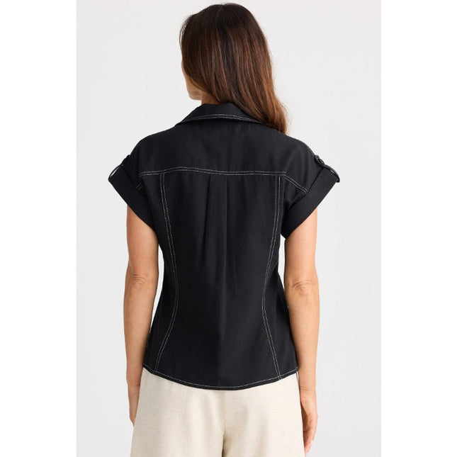 Brave + True Portia Shirt Black Contrast Stitch Roll Tab Sleeve Women's XS