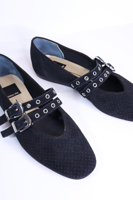 DOLCE VITA Baylee Grommet Mary Jane Flats Onyx Black Perforated Suede Women's 6