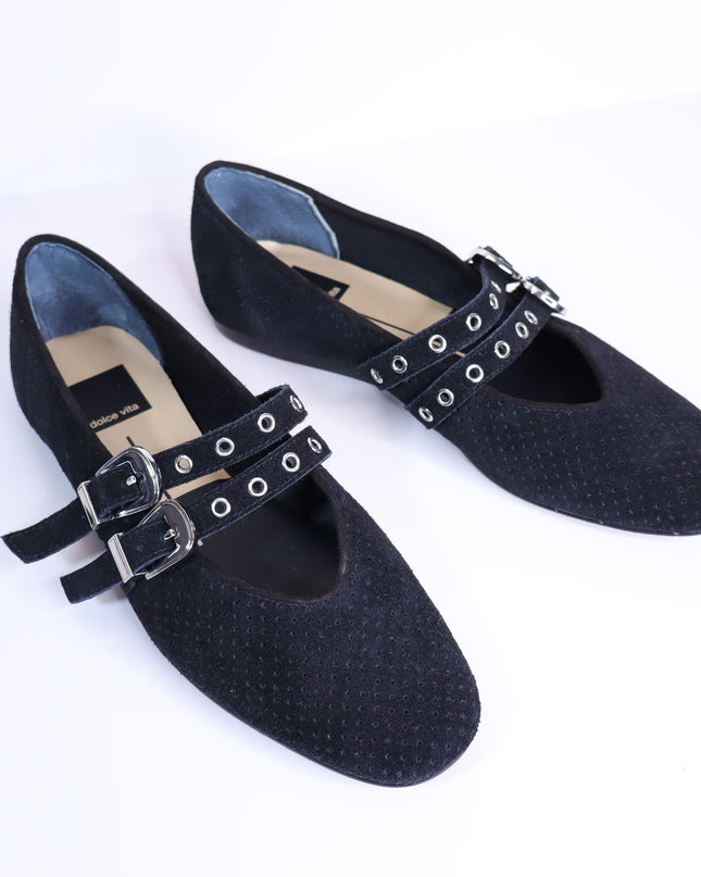 DOLCE VITA Baylee Grommet Mary Jane Flats Onyx Black Perforated Suede Women's 6