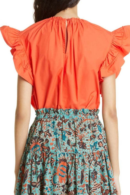 ULLA JOHNSON Elora Popover Blouse Coral Poplin Ruffle Sleeve Women's 2