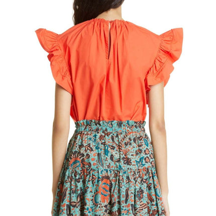 ULLA JOHNSON Elora Popover Blouse Coral Poplin Ruffle Sleeve Women's 2