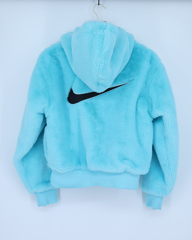 Nike Essentials Faux Fur Hooded Jacket Aqua Blue Full Zip Long Sleeve Women's XS