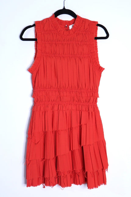 SEA Greir Pleating Crepe Mini Dress Poppy Orange Asymmetrical Skirt Women's S