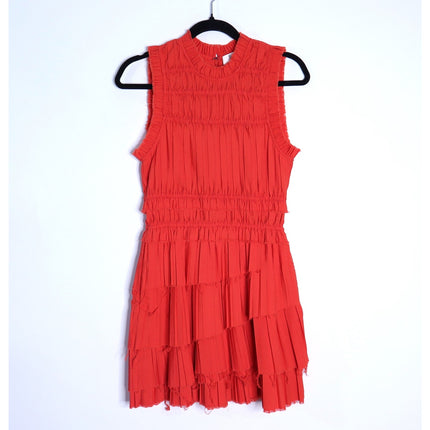 SEA Greir Pleating Crepe Mini Dress Poppy Orange Asymmetrical Skirt Women's S