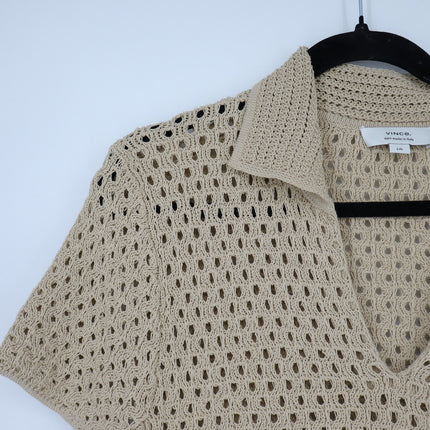 Vince Macrame Cotton Polo Sweater Pale Nut Open Knit Pullover Women's L