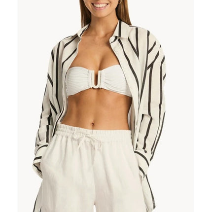 Sea Level Swim Corfu Stripe Shirt White Black Oversized Resortwear Women's XS