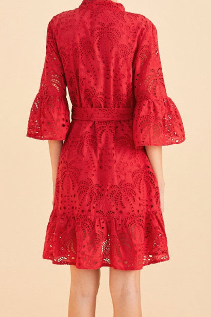 FARM RIO Red Palm Tree Eyelet Mini Dress Belted Long Sleeve Women's M