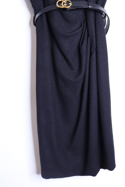 GUCCI Wool Surplice GG Belted Sheath Dress Black Short Sleeve Women's M