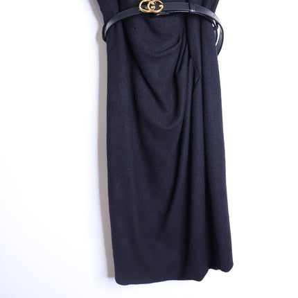 GUCCI Wool Surplice GG Belted Sheath Dress Black Short Sleeve Women's M