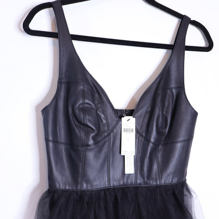 BY ANTHROPOLOGIE Faux Leather Dress NWT Black Tulle Sleeveless Women's 2