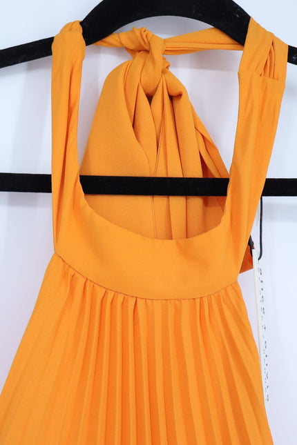 ALICE + OLIVIA Halterneck Sunburst Pleated Mini Dress Orange NWT Women's M