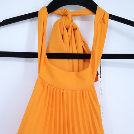 ALICE + OLIVIA Halterneck Sunburst Pleated Mini Dress Orange NWT Women's M