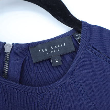 TED BAKER Lounia Bodycon Midi Dress Navy Blue Flare Sleeve Women's 2