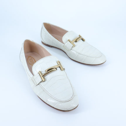 Tod's Double T Croc-Embossed Leather Loafer Ivory Slip On Women's 35/US 5