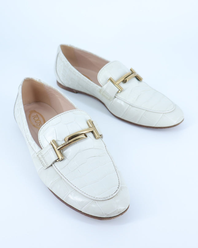 Tod's Double T Croc-Embossed Leather Loafer Ivory Slip On Women's 35/US 5