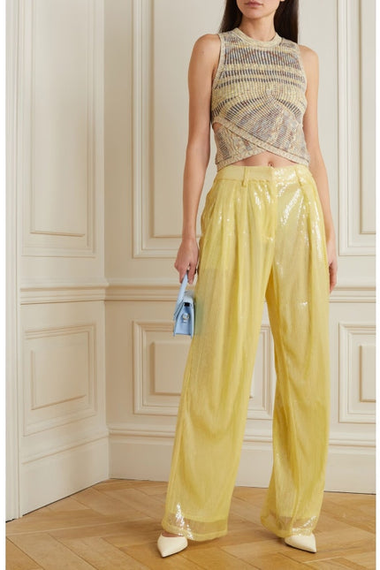 STAUD NEW Luisa Trouser Pleated Sequin Wide-leg Yellow High Rise Women's 16