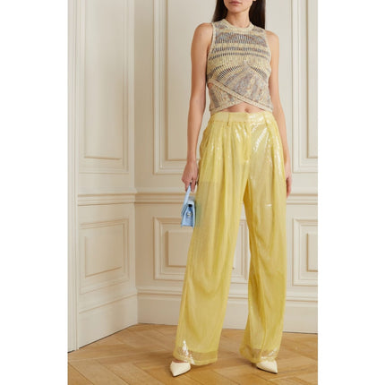 STAUD Luisa Sequin Trouser NWT Pleated Wide-leg Yellow High Rise Women's 16