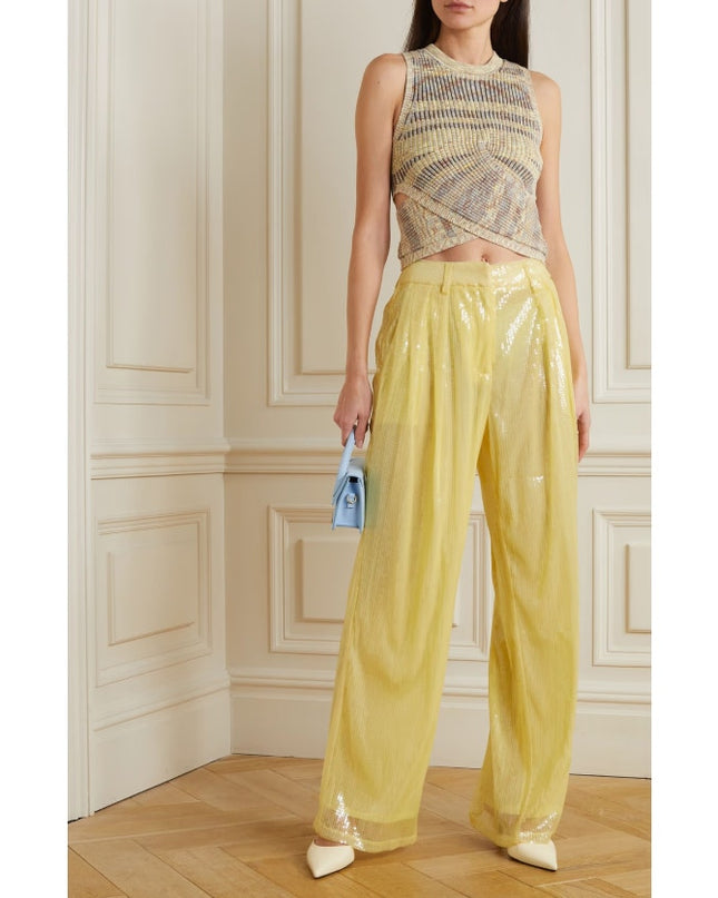 STAUD Luisa Sequin Trouser NWT Pleated Wide-leg Yellow High Rise Women's 16
